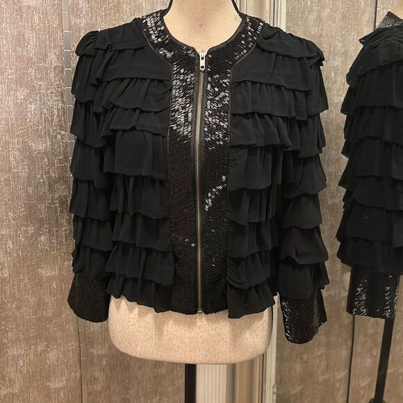 French Connection 100% viscose Chic Black Ruffled/beaded Jacket, US4 - Picture 1 of 11